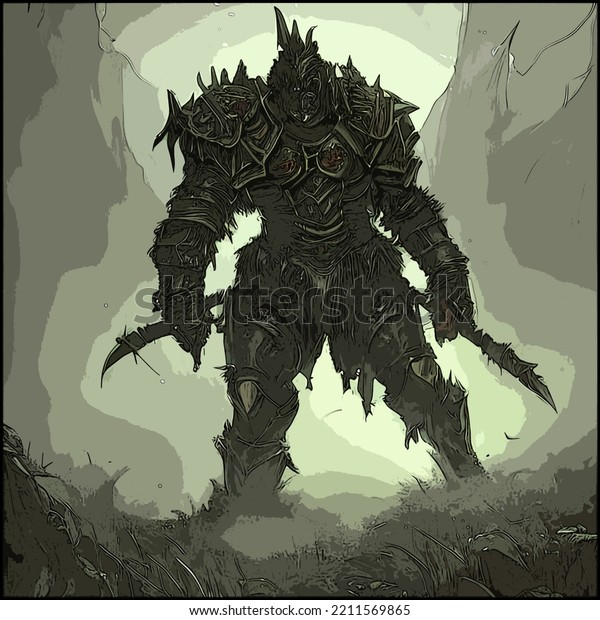 Dark\
fantasy colored art cover of a heavily armored orc adventurer\
warrior with two sharp-bladed weapons at\
night.