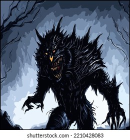 Dark Fantasy Colored Halloween Art Cover Of A Terrifying Giant Hairy Werewolf Monster With Sharp Claws And Teeth In A Cave Background.