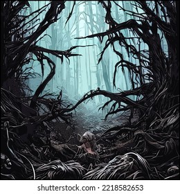 Dark Fantasy Colored Halloween Art Cover Horror Background Imagery Of A Dark Spooky Grim Forgotten Dead Misty Forest Environment.