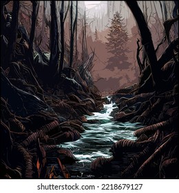 Dark Fantasy Colored Landscape Art Cover Background Imagery Of A Dark Spooky Grim Forest Environment With A Small Running River Stream At The Center.