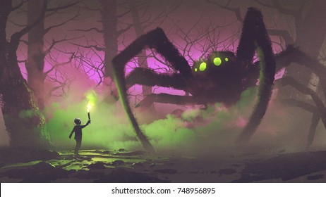 dark fantasy concept showing the boy with a torch facing giant spider in mysterious forest, digital art style, illustration painting