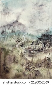 Dark Fantasy Creepy Nature Scenery. Enchanted Magical Forest Watercolor Art. High Quality Illustration