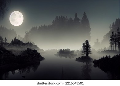 Dark fantasy forest  River in the forest and stones the shore  Moonlight  night forest landscape  Smoke  smog  fog  Bridge over river  Fantasy landscape  3D illustration