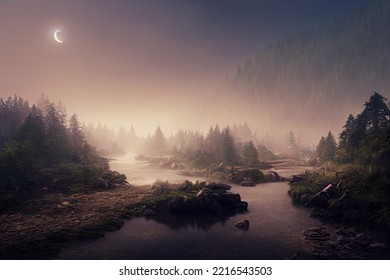 Dark fantasy forest  River in the forest and stones the shore  Moonlight  night forest landscape  Smoke  smog  fog  Bridge over river  Fantasy landscape  3D illustration