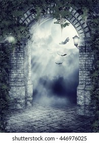 Dark Fantasy Gate With Lamps, Ivy And Bats. 3D Illustration.