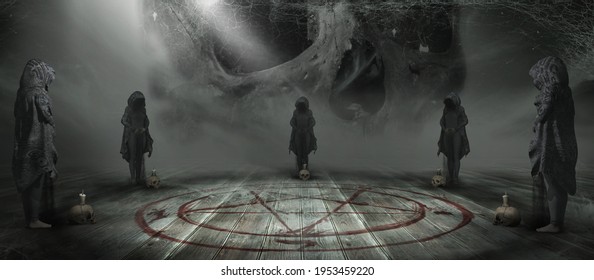Dark fantasy scene with acolytes, skulls,and pentagram. 3D illustration.