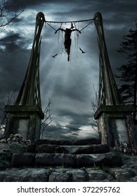 Dark Fantasy Scene With Hanging Woman And Birds Of Prey