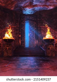 Dark Fantasy Temple With Large Fire Burners And Blue Light Shining Through The Open Door. 3D Illustration.