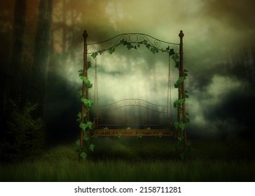 Dark foggy forest and 3d decorative metal swing with ivy, photomanipulation.