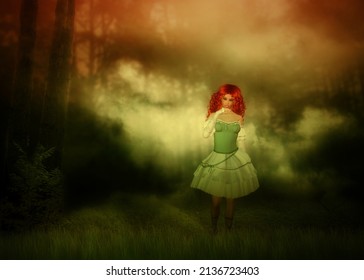 Dark foggy forest and 3d fantasy woman with red curly hair wars green dress, photomanipulation.