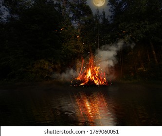 暗い森 川の近くで焚き火 木や火の反射が 水の中の火花を散らす 夜景 自然の風景 暗い森 夕焼けのそばでテントを持ってキャンプをしていた 3d イラスト のイラスト素材 Shutterstock