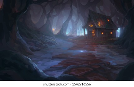 Dark Forest, Burning House Illustration Background Cover