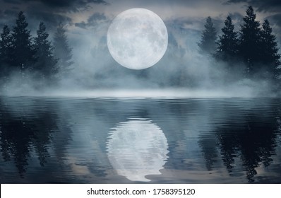 Dark forest. Gloomy dark scene with trees, big moon, moonlight. Smoke, shadow. Abstract dark, cold street background. Night view. 3D illustration - Powered by Shutterstock