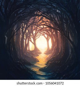 A Dark Forest Leading To A Colorful And Bright Opening. Digital Illustration