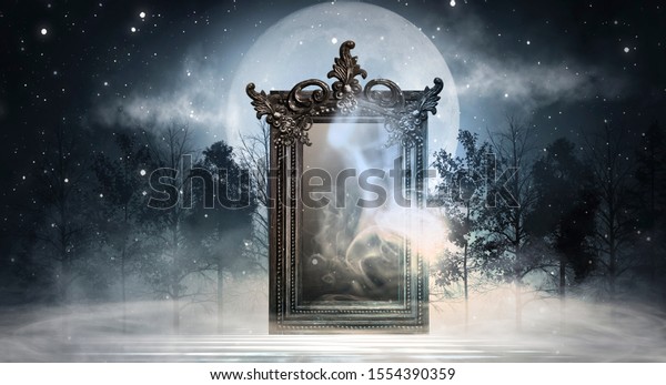 暗い森マジックミラー 夜景 煙 スモッグ ネオンライト 月 暗い幻想的な風景 3dイラスト のイラスト素材