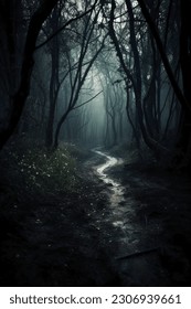 Dark forest, with a path in the middle, horror ambient, trees on the side