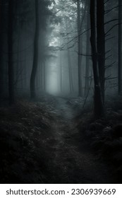 Dark forest, with a path in the middle, horror ambient, trees on the side