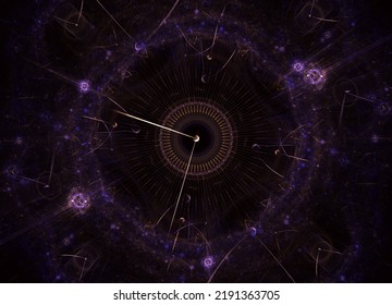 Dark fractal clockwork pattern, digital artwork for creative graphic design. Interplay of clock dials and abstract elements related to science, education and modern technologies. 3d generated