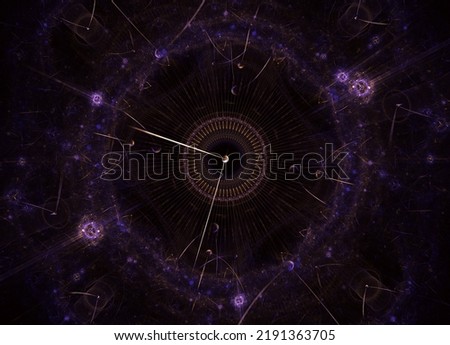 Dark fractal clockwork pattern, digital artwork for creative graphic design. Interplay of clock dials and abstract elements related to science, education and modern technologies. 3d generated