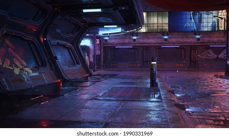 Dark futuristic cyberpunk city street scene at night. 3D illustration.