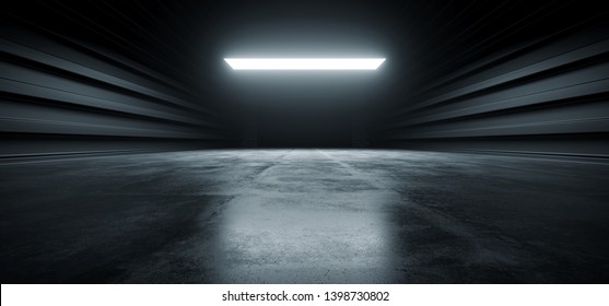 Dark Futuristic Modern Garage Showroom Tunnel Corridor Concrete Metal Grunge Reflective Glossy Empty Space White Glow Showcase Stage Underground Hallway Entrance 3D Rendering Illustration