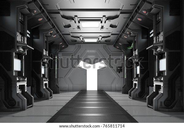 Dark Futuristic Spaceship Interior Corridor Gear