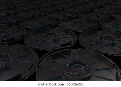 Dark futuristic technological background made from extruded shapes with glowing lines. Abstract background. 3D rendering illustration.