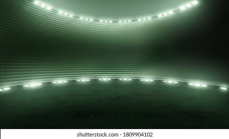 Dark, futuristic virtual studio backdrop, with spotlights. ideal for tv shows, tech infomercials or launch events. 3D rendering backdrop suitable on VR tracking system, stage sets, with green screen 
