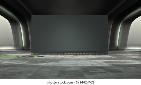 Dark Futuristic Virtual Studio Background With A Big Empty Videowall Display, Ideal For Tv Shows Or Scientific Events. A 3D Rendering, Suitable On VR Tracking System Stage Sets, With Green Screen