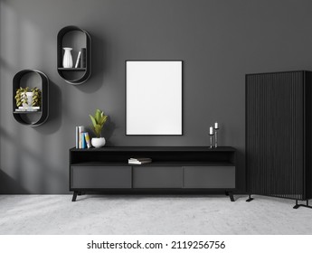 Dark gallery room interior with black sideboard with books, wall shelf decoration in art room, privacy screen on grey concrete floor. Mock up frame on wall, 3D rendering