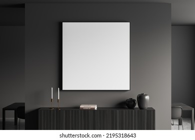 Dark Gallery Room Interior With Black Wooden Dresser And Art Decoration, Table With Chairs In Meeting Area. Mock Up Canvas Square Poster. 3D Rendering