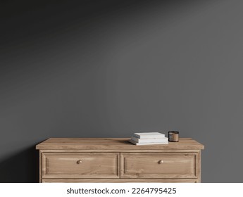 Dark gallery room interior with empty grey wall with sideboard, books, candle. Concept of spacious place made for creative idea and art exhibition. 3d rendering