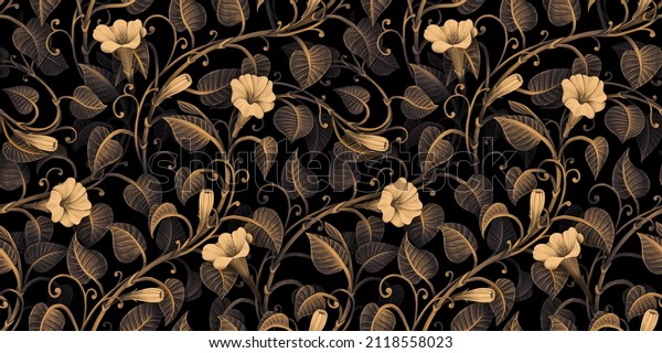 Dark golden vintage ivy leaves, beautiful delicate flowers. Floral seamless pattern. Hand-drawn premium 3D illustration. Glamorous exotic tropical background. Luxury wallpapers, cloth, mural, print