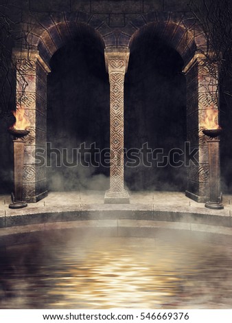 Dark gothic temple with dead vines and foggy pool. 3D illustration.