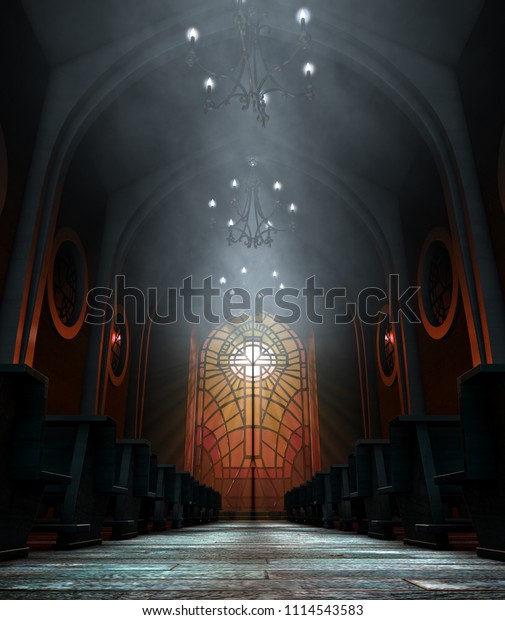 十字架の図柄のガラス窓から太陽の光が射し込む暗い大教会の内部 3dレンダリング のイラスト素材