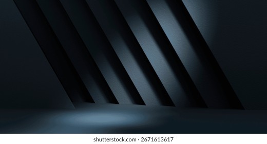 Dark gray geometric background with light and shadow for product placement mockup. Abstract studio interior scene showroom for premium brand display. Modern technology and business design. 3d render