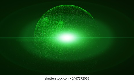 Dark Green Background Has A Small Green Dust Particle That Shines In A Circular Motion Explosion Light Ray Beam.

