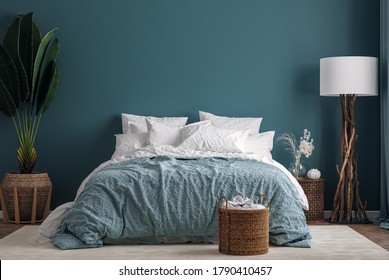 Dark Green Bedroom Interior Background, 3d Render