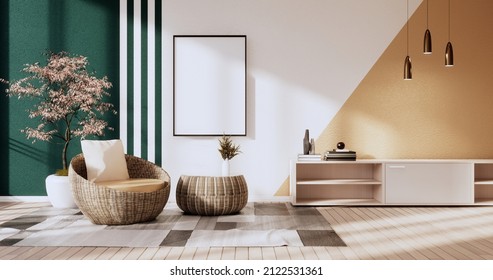 Dark Green And Brown Wall On Living Room Two Tone Colorful Design.3D Rendering