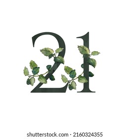 Dark green decorative floral alphabet - number Twenty one (21) symbol with melissa twigs. Watercolor collection for anniversaries, weddings and other celebratory events; for invitations and cards - Powered by Shutterstock