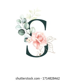 Dark Green Floral Alphabet - letter S with peach pink gold green botanic flower branch bouquet composition. Unique collection for wedding invites decoration, birthdays & other concept ideas.