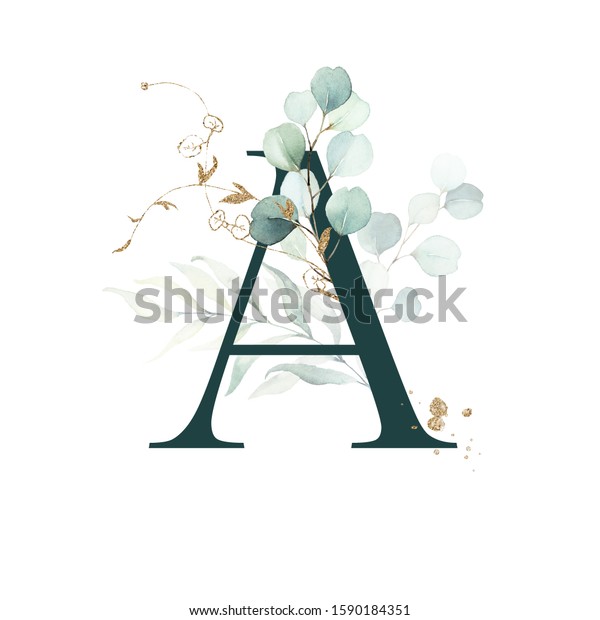 Dark Green Floral Alphabet Letter Gold Stock Illustration 1590184351 ...