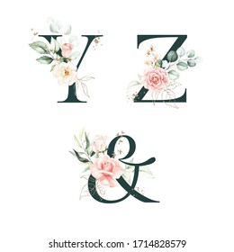 Dark Green Floral Alphabet Set Collection - letters Y, Z, & ampersand with peach pink white gold botanic flower branch bouquets composition. Wedding invitations, baby shower, birthday, other ideas.