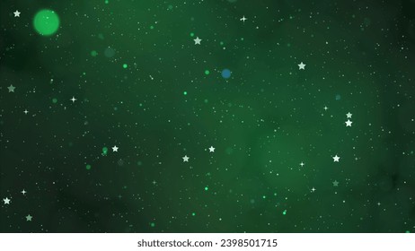 Dark green gradient background. Abstract blurred glitter bokeh lights particles.