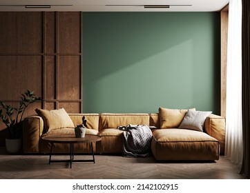 Dark Green Home Interior With Brown Sofa, Table And Decor In Living Room, 3d Render