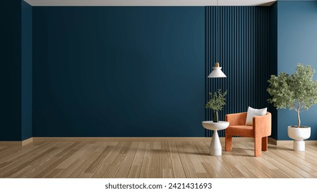 Dark Green modern living room interior , orenge armchair and white  table ,blue wall mockup ,3d  render