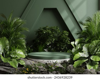 Dark green podium in tropical forest for product presentation and green background- 3D rendering स्टॉक इलस्ट्रेशन