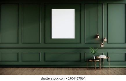 Dark Green Room Decoration With Empty Photo Frame On The Classic Wall Panel Copper Hanging Lamp And Coffee Table. 3d Rendering Mock Up Room Interior.