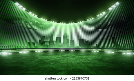 Dark Green, Virtual Background Studio, With Spotlights. Ideal For Tv Shows, Tech Infomercials Or Launch Events. 3D Rendering Backdrop Suitable On VR Tracking System, Stage Sets, With Green Scr