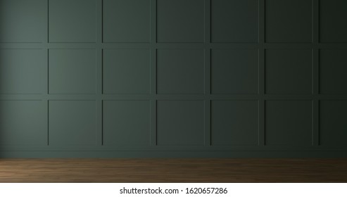 Dark Green Wall With Molding And Wood Parquet Floor. 3d Render